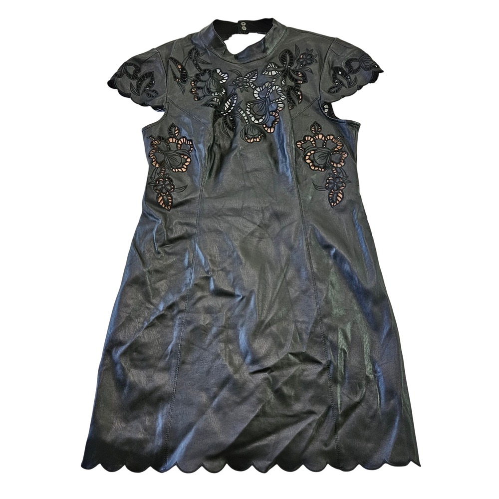 Anthropologie Black Faux Leather Floral Laser Cut Eyelet Edgy Mini Dress Sz 12